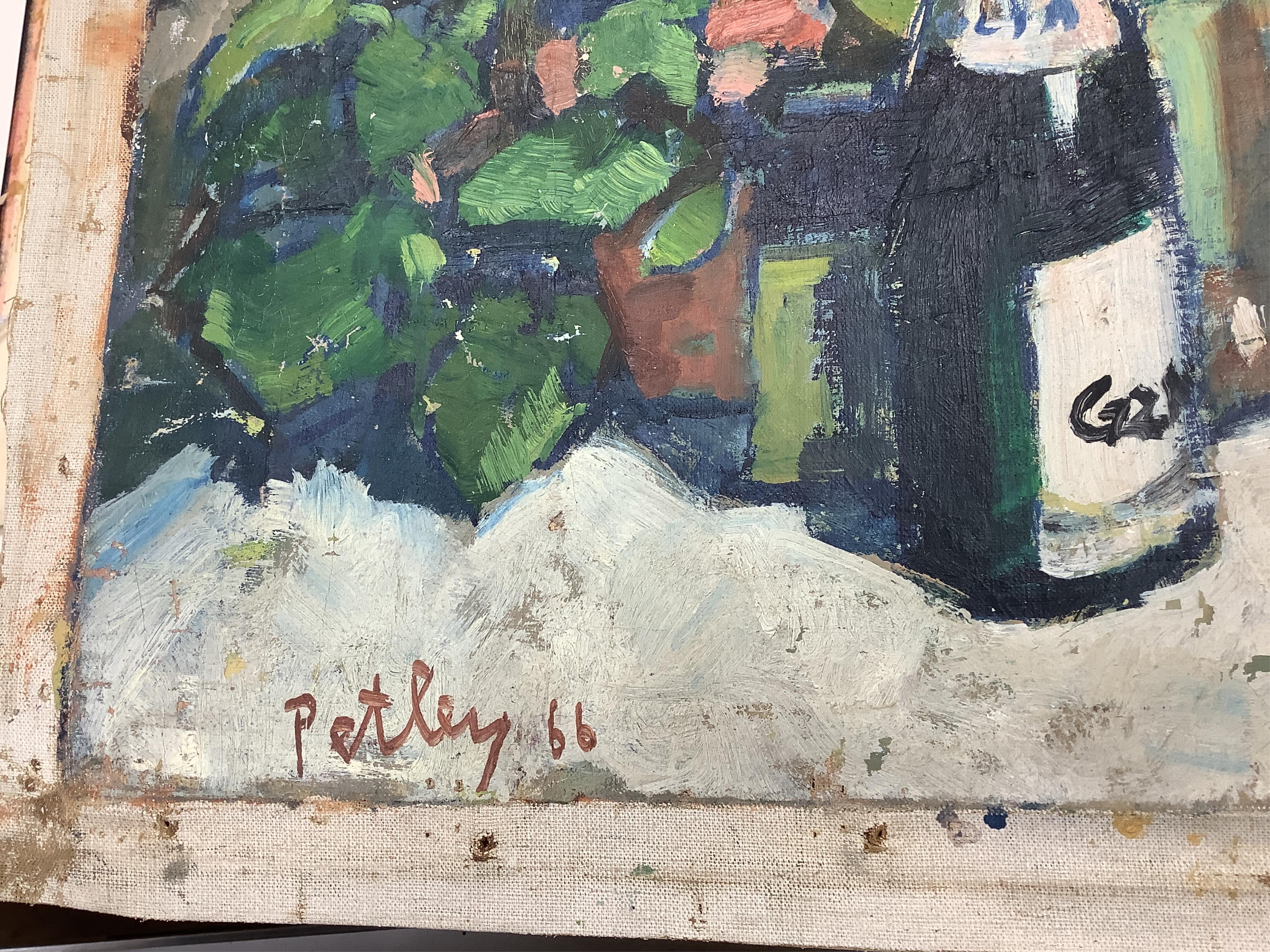 Llewellyn Petley-Jones (1908-1986), oil on unstretched canvas, Still life of vessels and books, signed and dated '66, 46 x 61cm